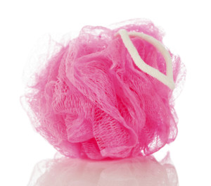 Pink mesh shower sponge aka bath puff