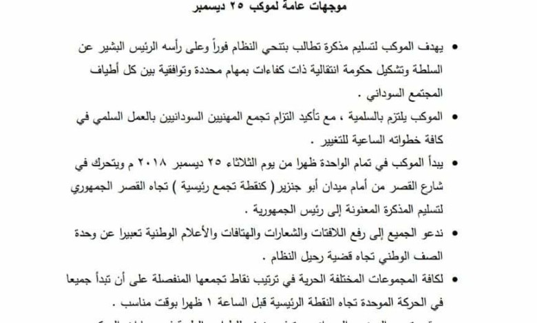 موكب سلمي للقصر الجمهوري يوم غد الثلاثاء للمطالبة بتنحي البشير FB IMG 1545668727099