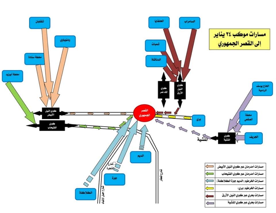 مظاهرات السودان..غداً الخميس تنطلق من 17 نقطة باتجاه القصر الجمهوري غداً الخميس موكب 24 يناير