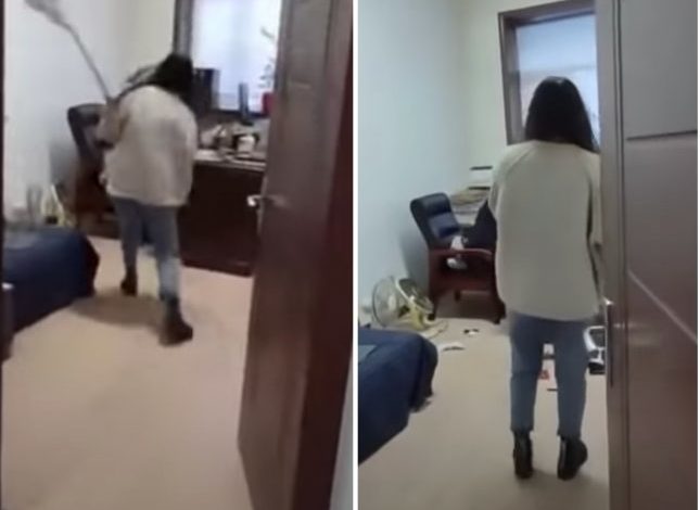 شاهد موظفة تضرب رئيسها في العمل بالمكنسة بعد تحرشه بها تحرش