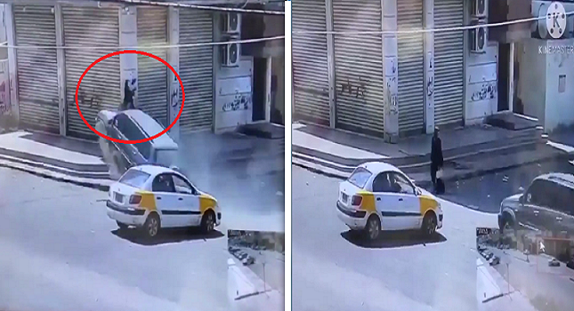 شاهد حادث مروع لسيارة مسرعة تصدم امرأة وتقذفها في الهواء حادث