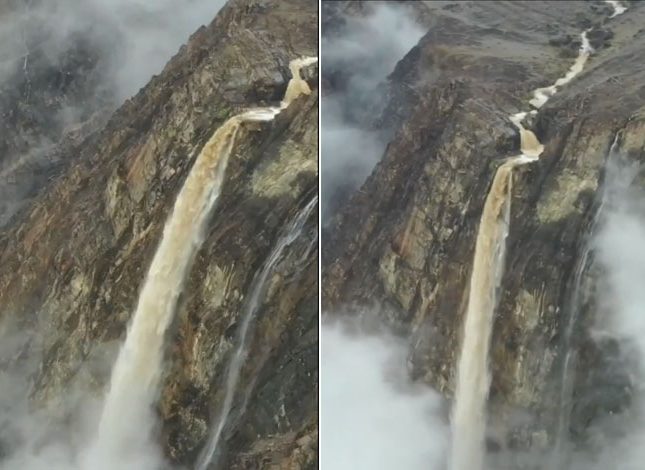 شاهد لقطات جوية مذهلة لتدفق المياه من شلال بقمة عقبة شعار شمال غربي أبها شلال