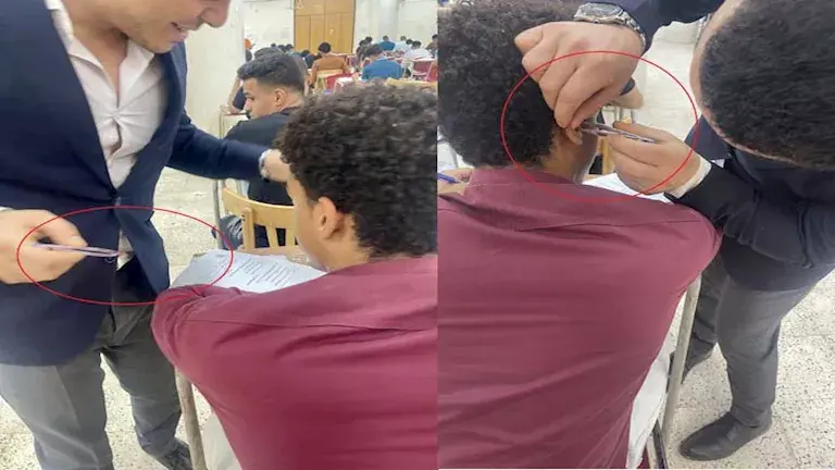 صورة من لجنة امتحان تشعل السوشيال ميديا.. معيد يضبط سماعة غش دقيقة داخل أذن طالب حالة غش